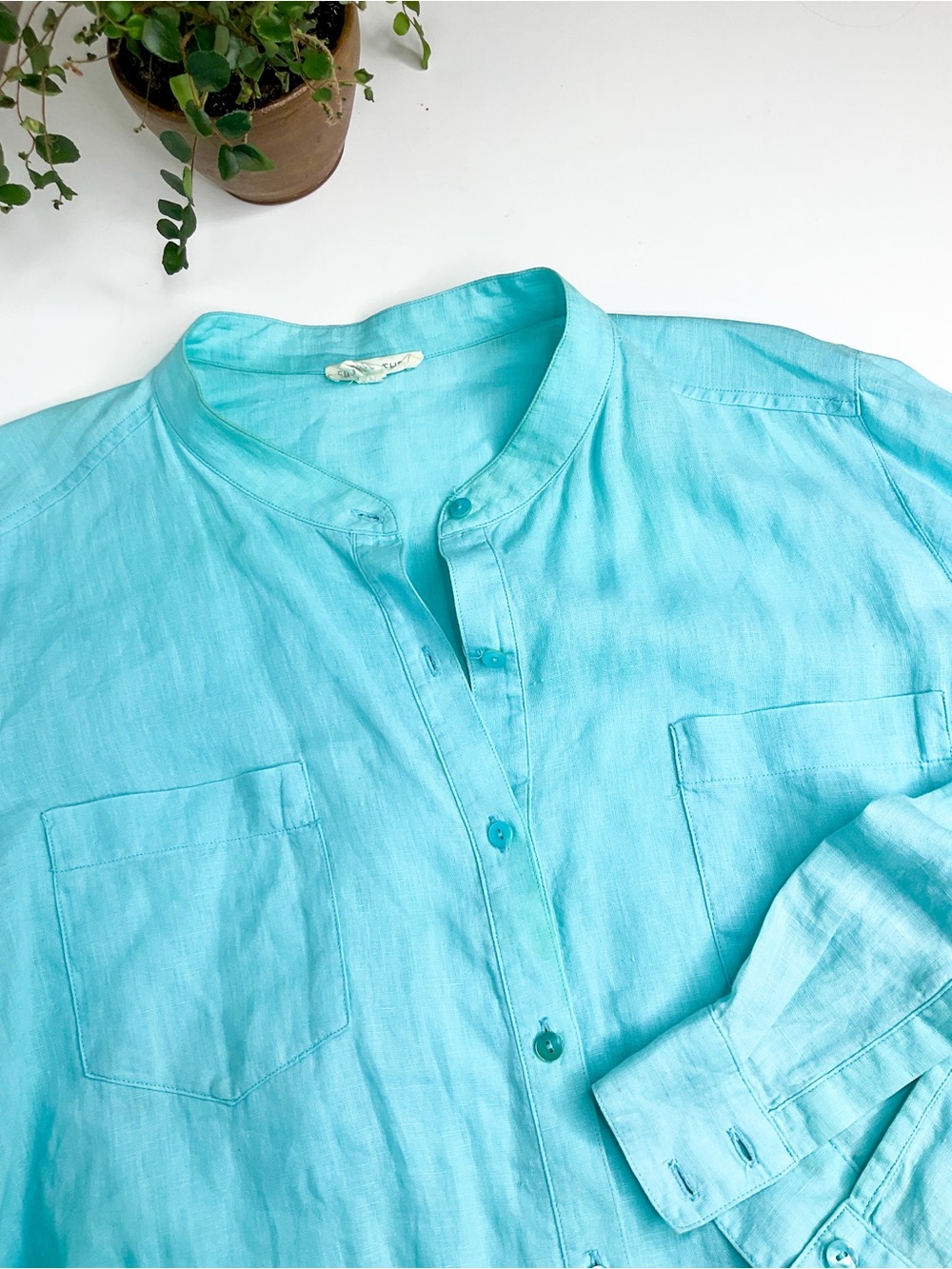EILEEN FISHER Aqua Irish Linen Collar Shirt - Lightweight Summer Button-Up